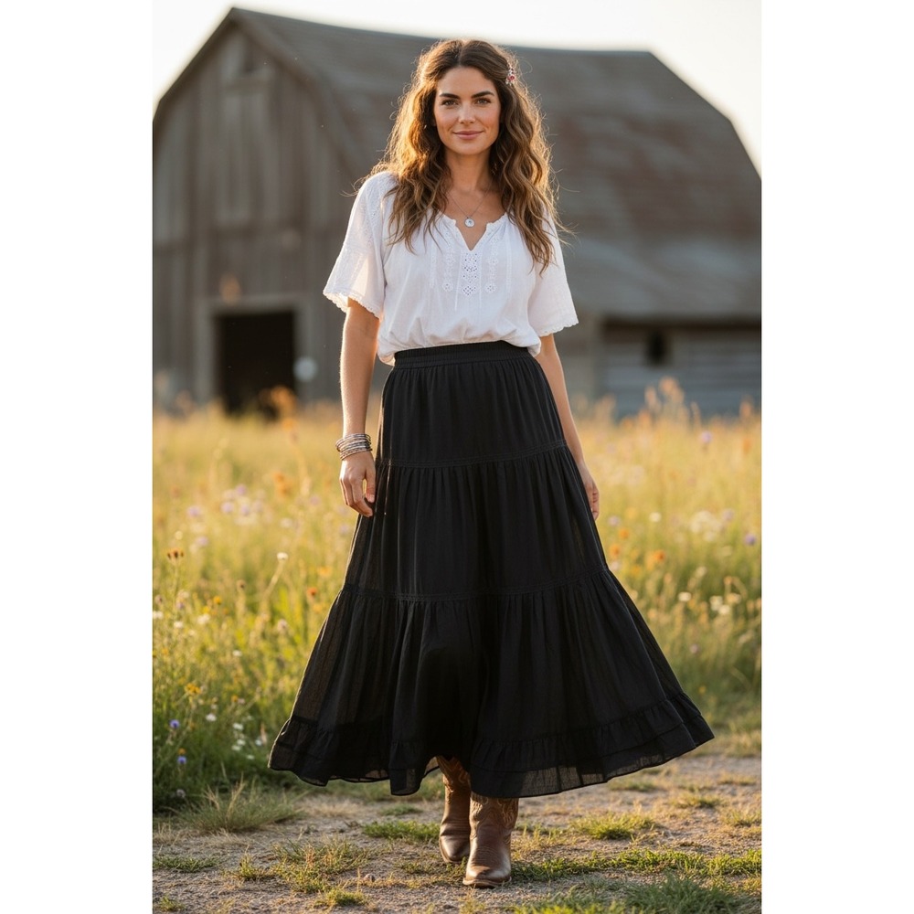 Lauren Ralph Lauren Tiered Maxi Skirt 10 Black Cotton Boho Ruffle Western Skirt